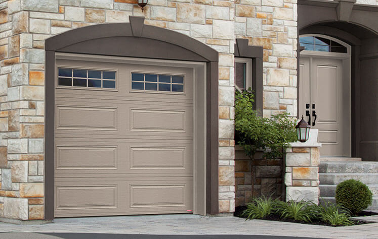 Garaga garage door: model Standard+ Prestige XL, 9’ x 8’, Claystone, Orion 8 lite windows / Novatech entry door: model Orleans from the Prestige Collection