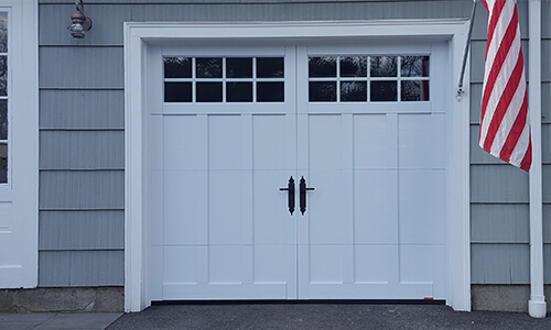Eastman E-13 garage door, 8' x 7', Ice White door and overlays, 8 lite Panoramic windows
