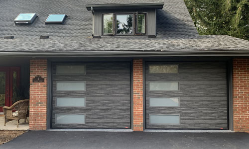 Standard+ Flush garage doors, Iron Ore, 9' x 7' 6'',  window layout: Left-side Harmony