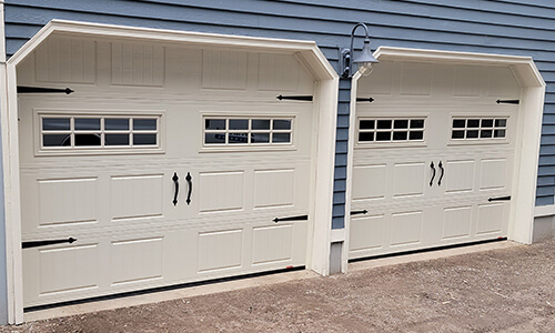 Acadia 138 North Hatley SP garage doors, 9' x 7', Desert Sand, windows with Stockton Inserts