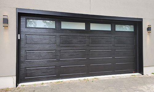 Shaker-Modern XL garage door, 16' x 7' 6'', Black, Sandblasted glass windows