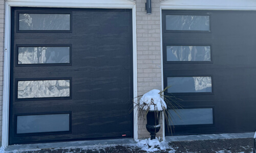 Acadia 138 Flush garage door, 7.6' x 7', Black, Sandblasted windows