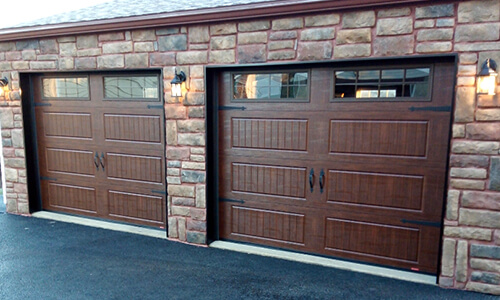 Standard+ North Hatley LP garage door, 9' x 7', American Walnut, Clear windows