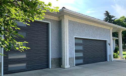 Standard+ Vog garage door, 16' x 7', Charcoal, Harmony White Sandblasted windows