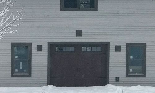 Standard+ North Hatley LP garage door, 9' 2'' x 7', American Walnut Faux Wood, Clear windows