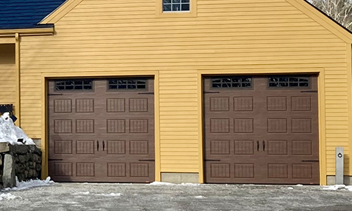 Acadia 138 North Hatley SP garage doors, 9' x 9', Chocolate Walnut, Clear windows