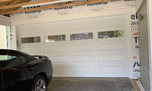 Shaker-Modern XL garage door, 16' x 7', Ice White, Clear windows