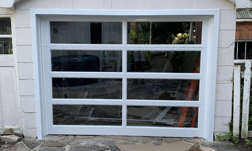 California garage door, 9' 1” x 6' 9”, White, Clear glass