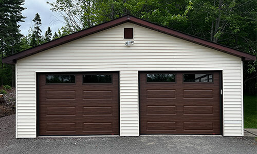 Acadia 138 Classic XL garage doors, 9' x 7', Chocolate Walnut, Clear windows