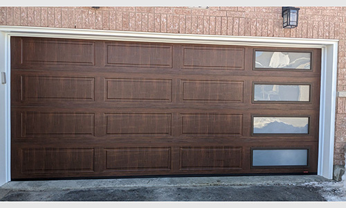 Standard+ Shaker-Modern XL garage door, 16' 1'' x 7', American Walnut, White Sandblasted windows