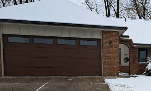 Standard+ Shaker‑Flat XL garage door, 16' x 7', Chocolate Walnut, Sandblasted windows