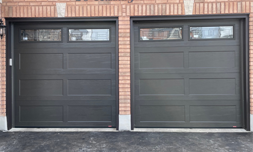 Standard+ Shaker-Flat XL garage doors, 8' x 8', Moka Brown, Cachet Stained glass with Patina caming
