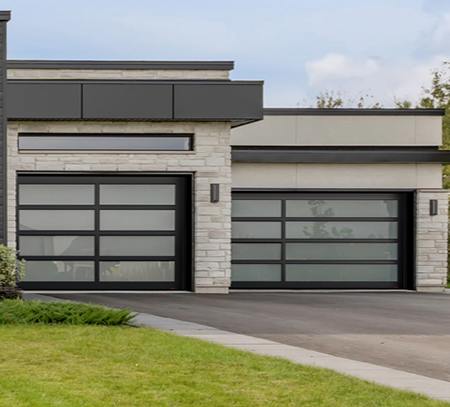 Single Contemporary Style garage door with the California design in the Black aluminum frame
