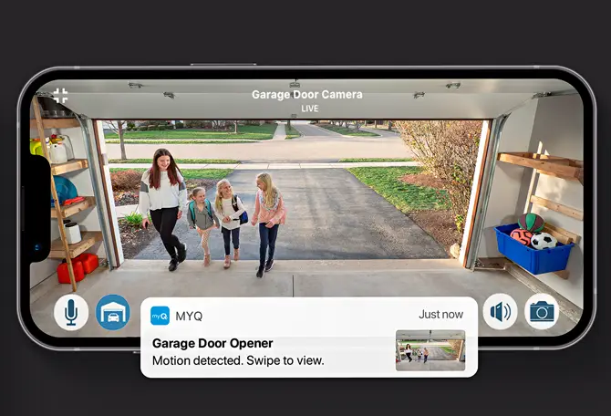 A LiftMaster  door opener with a built-in camera sending a real-time video to the homeowner's cell phone so he see who's getting in his garage.