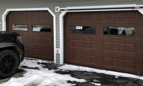Standard+ Classic XL garage doors, 9' x 7', American Walnut, Clear windows
