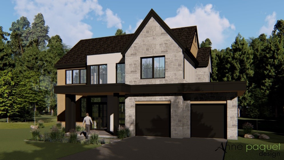 Maison aux couleurs chaudes en pierre et fibrociment avec 2 portes de garage Garaga Noir.