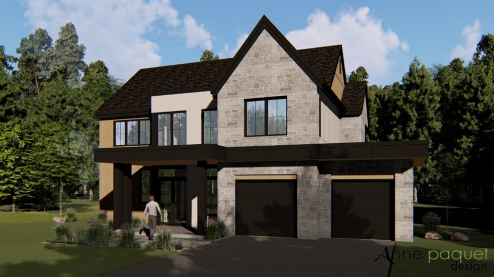 Warm-coloured stone and fibre cement house with 2 Black Garaga garage doors.