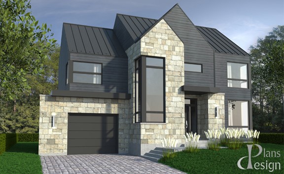Stone house in shades of beige, dark gray vinyl siding and a black metal roof with large windows and black garage door.