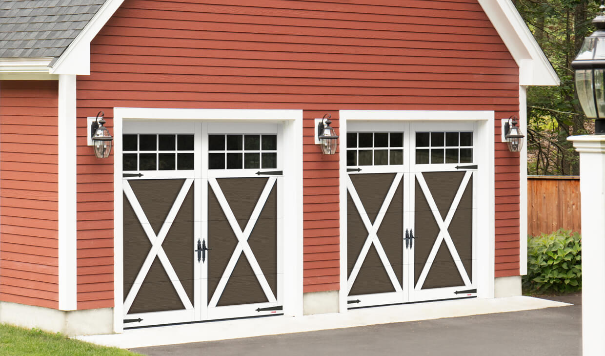 Eastman E-21, 9' x 8', Moka Brown doors and Ice White overlays, Panoramic 8 lite windows