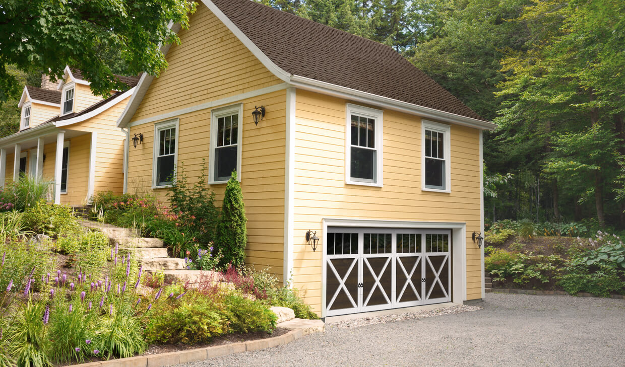 Princeton P-21, 18' x 7', Chocolate Walnut doors and Ice White overlays, 4 Vertical lite Panoramic windows