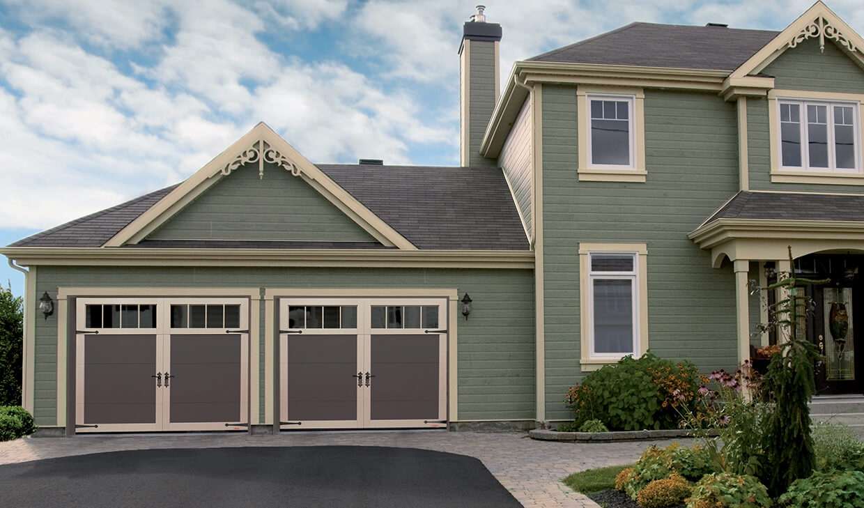 Eastman E-11, 9' x 7', Moka Brown doors and Desert Sand overlays, Panoramic 4 vertical Lite windows