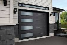 Garaga garage door in the Vog design, 9' x 7', Black, window layout: Left-side Harmony