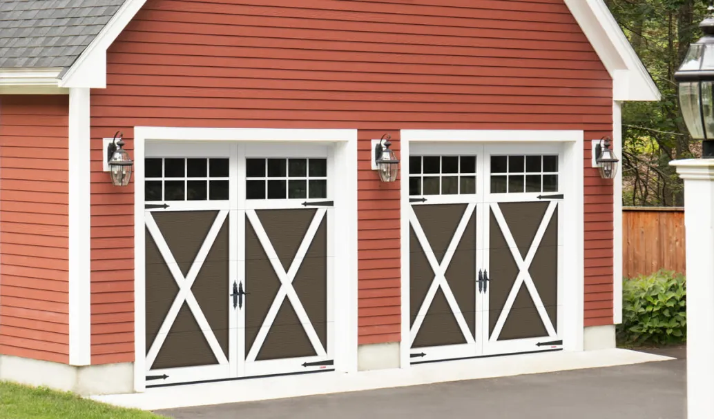 Eastman E-21, 9' x 8', Moka Brown doors and Ice White overlays, Panoramic 8 lite windows