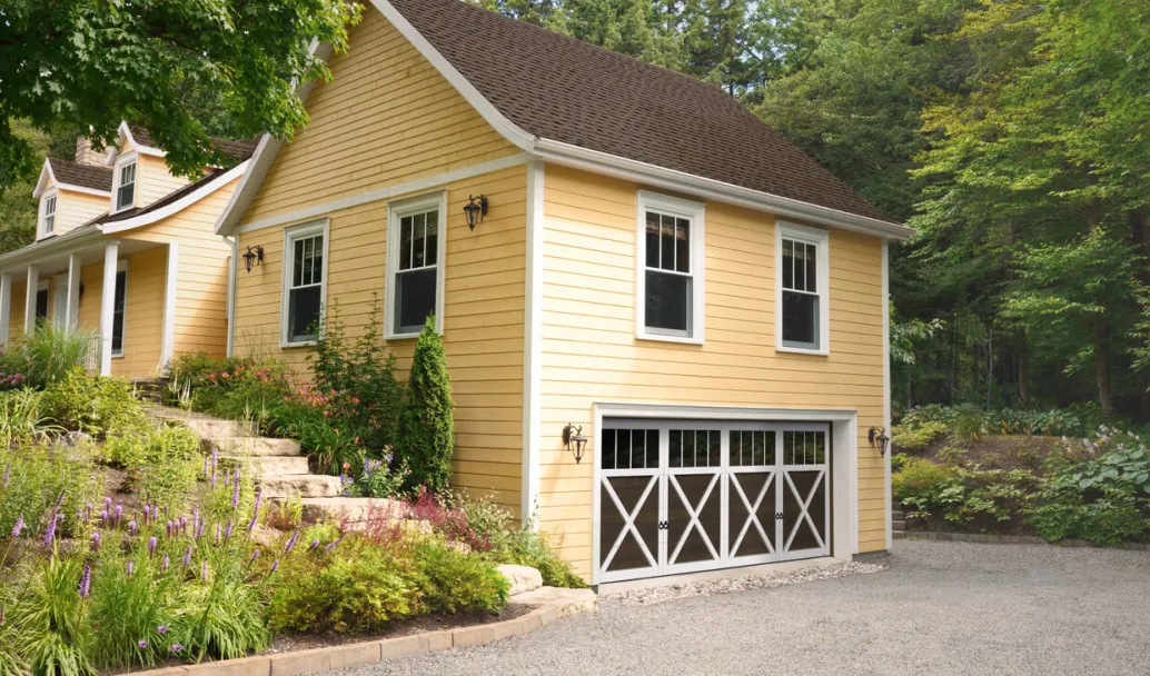 Princeton P-21, 18' x 7', Chocolate Walnut doors and Ice White overlays, 4 Vertical lite Panoramic windows