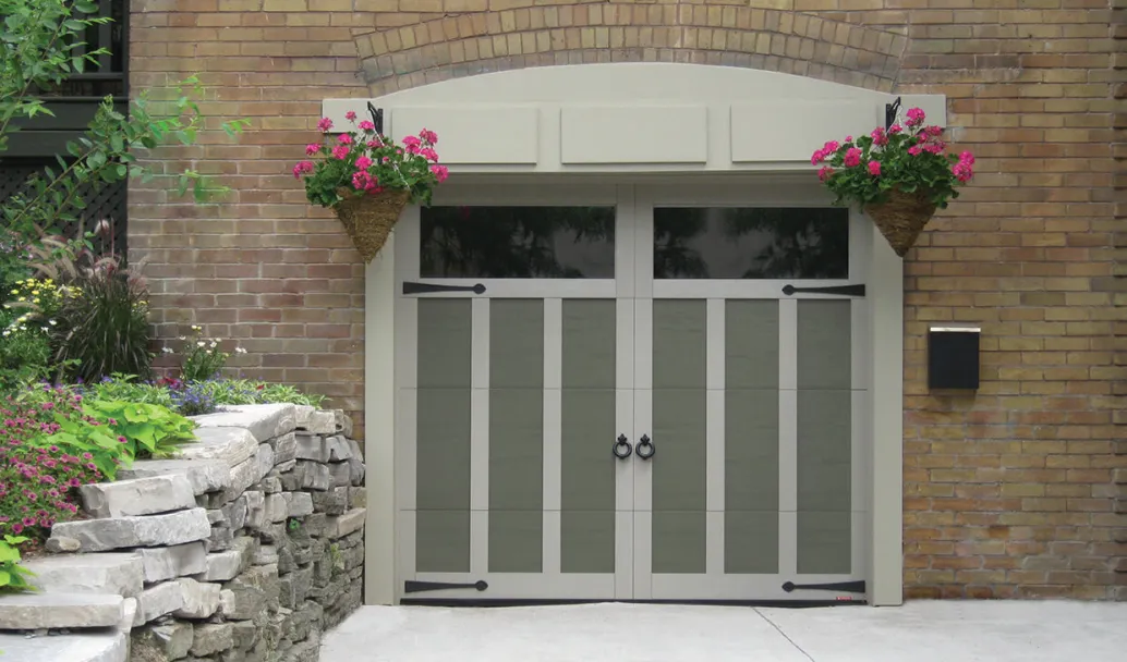 Eastman E-13, 8' x 7', Dark Sand door and Claystone overlays, Panoramic Clear windows