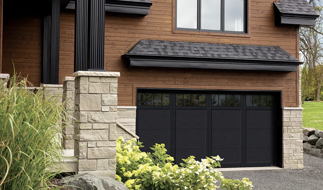 Eastman E-11, 16' x 8', Black door and overlays, Panoramic 4 vertical lite windows