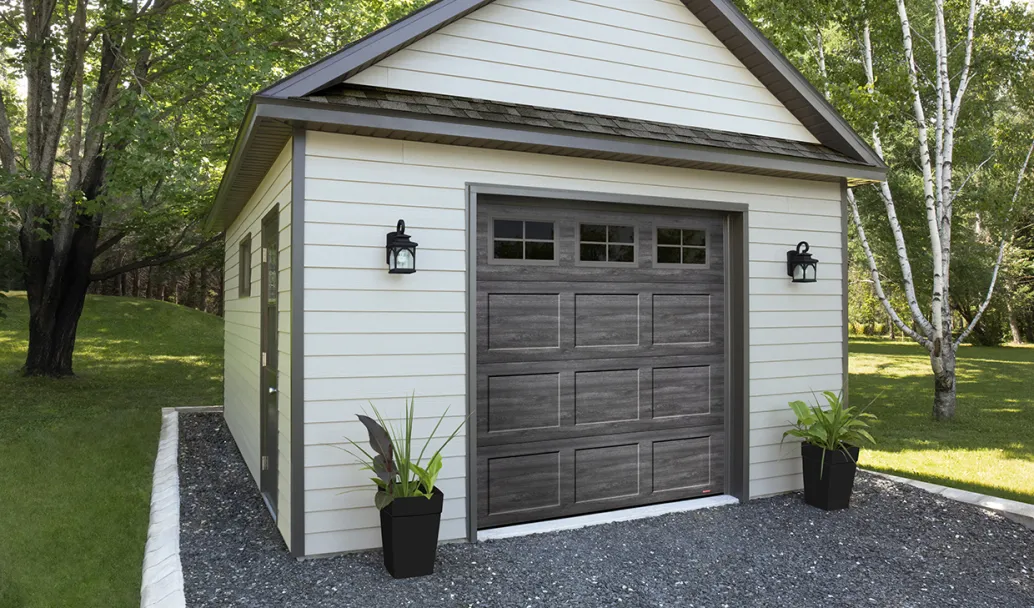 Standard+ Shaker-Plat CC, 7' x 7', Gris patiné Faux bois, fenêtres Orion 4 carreaux