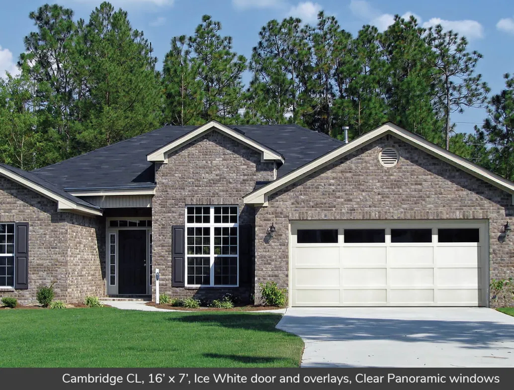 Cambridge CL, 16' x 7', Ice White door and overlays, Panoramic windows with Clear glass