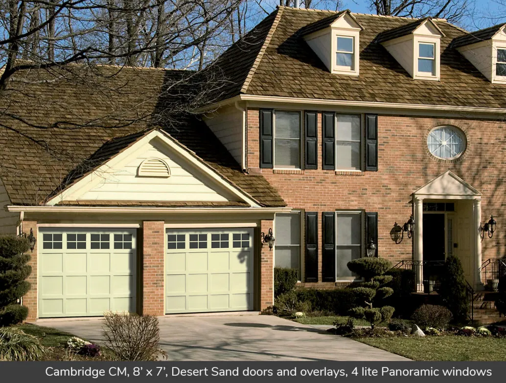 Cambridge CM, 8' x 7', Desert Sand doors and overlays, 4 lite Panoramic windows with Clear glass