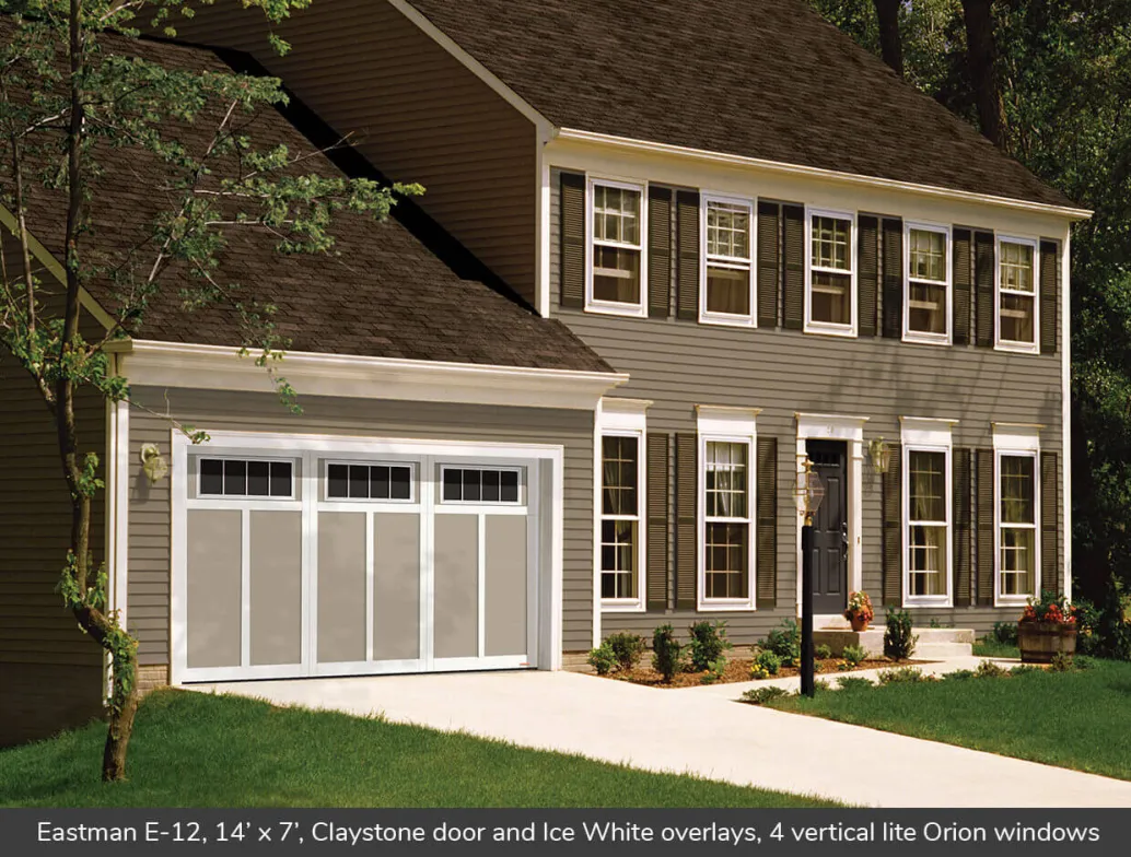 Eastman E-12, 14' x 7', Claystone door and Ice White overlays, 4 vertical lite Orion windows