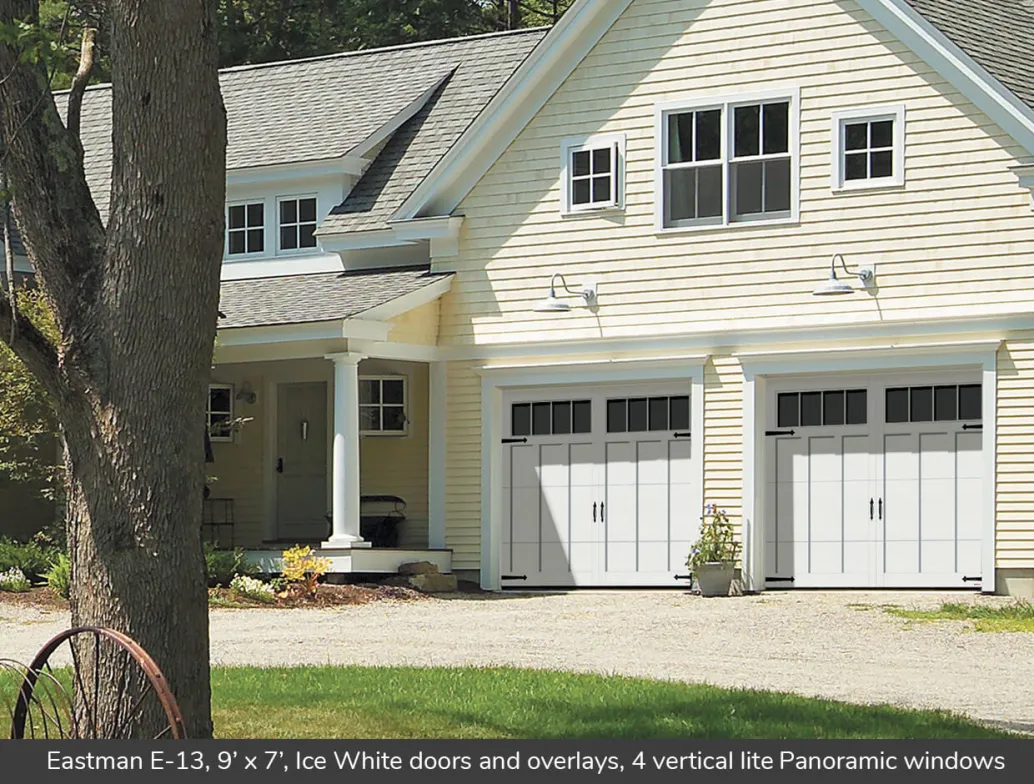 Eastman E-13, 9' x 7', Ice White doors and overlays, 4 vertical lite Orion windows