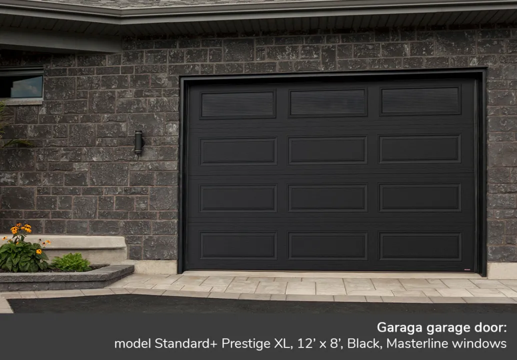 Garaga garage door: Model Standard+ Prestige XL, 12' x 8', Black, Masterline windows