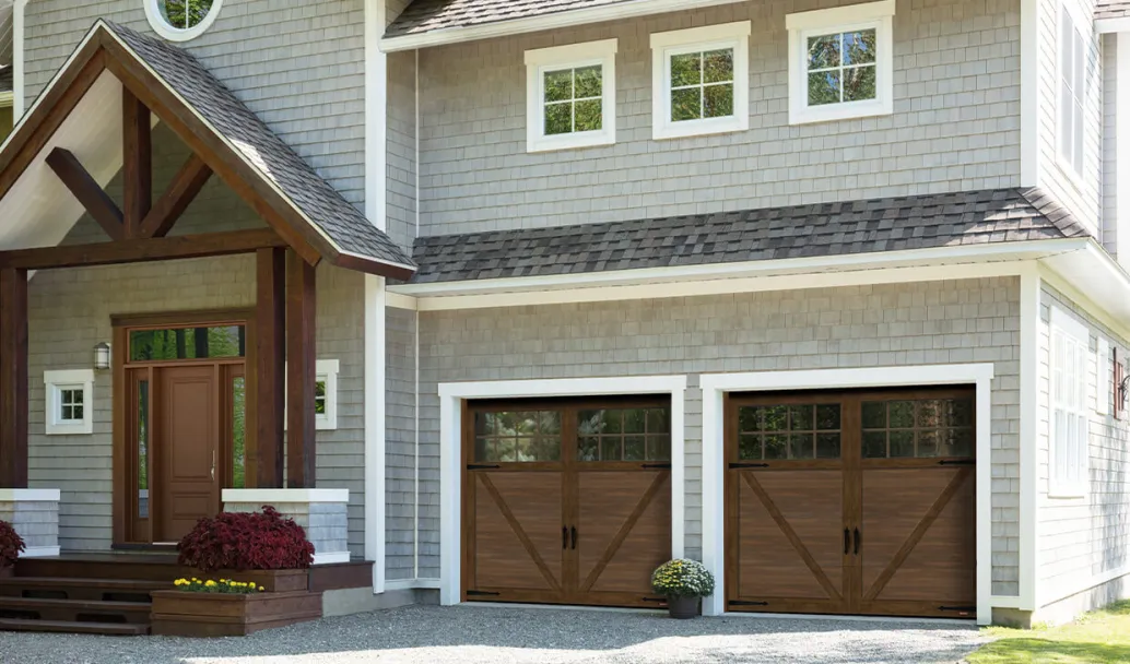 Princeton P-23, 8’ x 7', Chocolate Walnut Faux Wood doors and overlays, 8 lite Panoramic windows with Clear glass