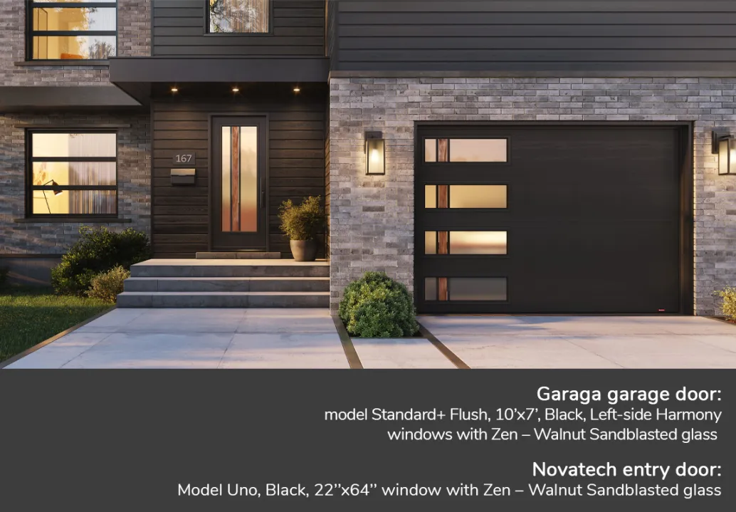 Garaga garage door: Standard+ model, Flush, 10’x7’, Black, Left-Side Harmony windows with Zen – Walnut Sandblasted glass