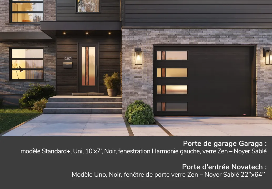 Porte de garage Garaga: Standard+, Uni, 10’x7’, Noir, fenestration Harmonie gauche, verre Zen – Noyer Sablé