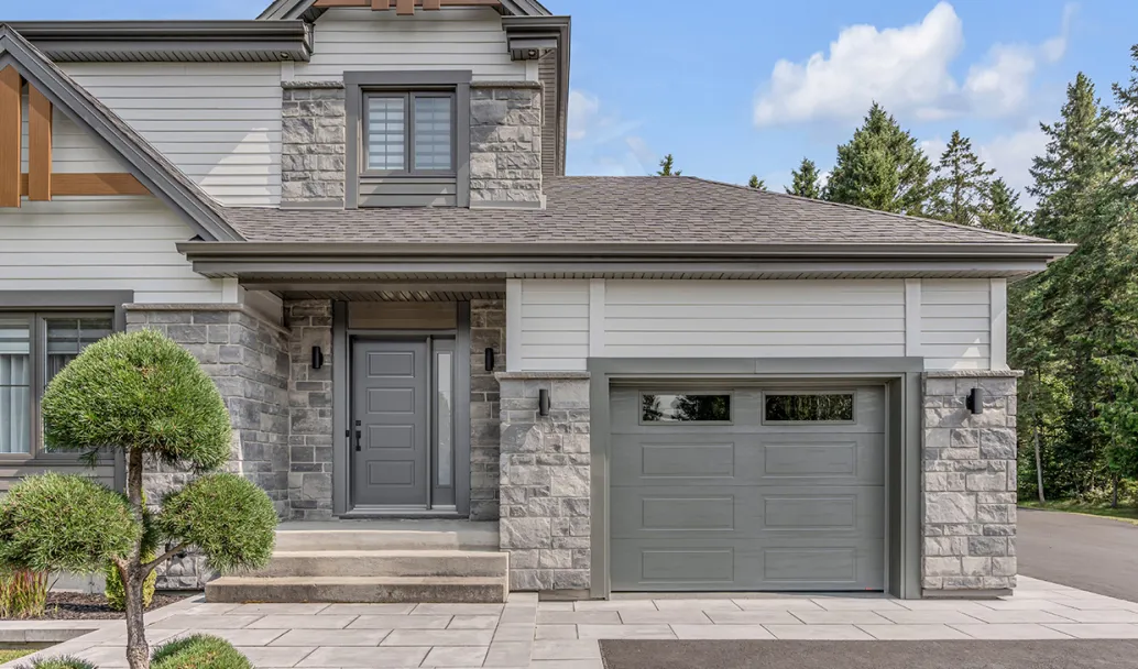 Standard+ Shaker‑Modern XL, 10' x 7', Charcoal, Clear windows / Coordinated with Soho entry door from Novatech's Shaker Collection