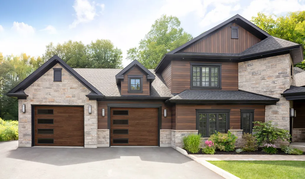 10' x 8', design Effet planches, Acacia foncé HD, fenestration Harmonie gauche avec verre Teinté