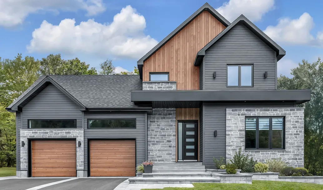 Plank, 9' x 8', Cedar HD Wood Tone doors. Novatech's Uno entry door with Edge windows.