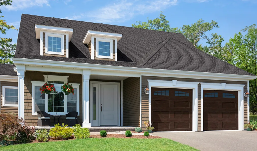 Village Collection V Layout, Flat base, 9' x 8', Dark Walnut Faux Wood, windows with Double Stockton Arch Inserts. Orleans entry door from Novatech.