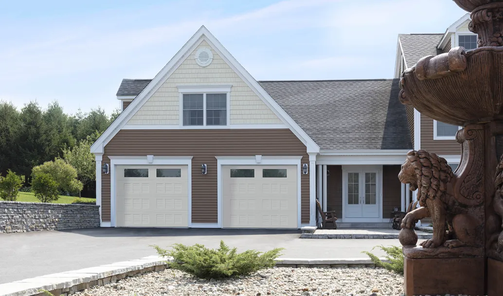 Village Collection I-2 Layout, 4-Slat base, 10' x 8', Sahara doors, Clear windows. Distinction Grille entry door from Novatech.