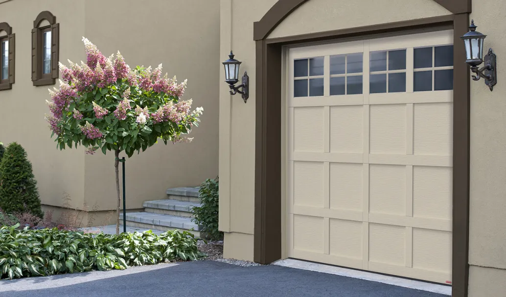 Cambridge CM, 9' x 7', Desert Sand door and overlays, Panoramic 4 lite windows