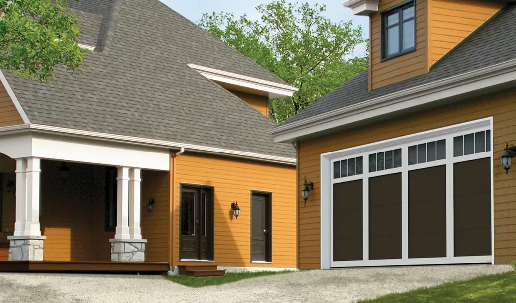 Eastman E-11, 16' x 8', Moka Brown door and Ice White overlays, Panoramic 4 vertical lite windows