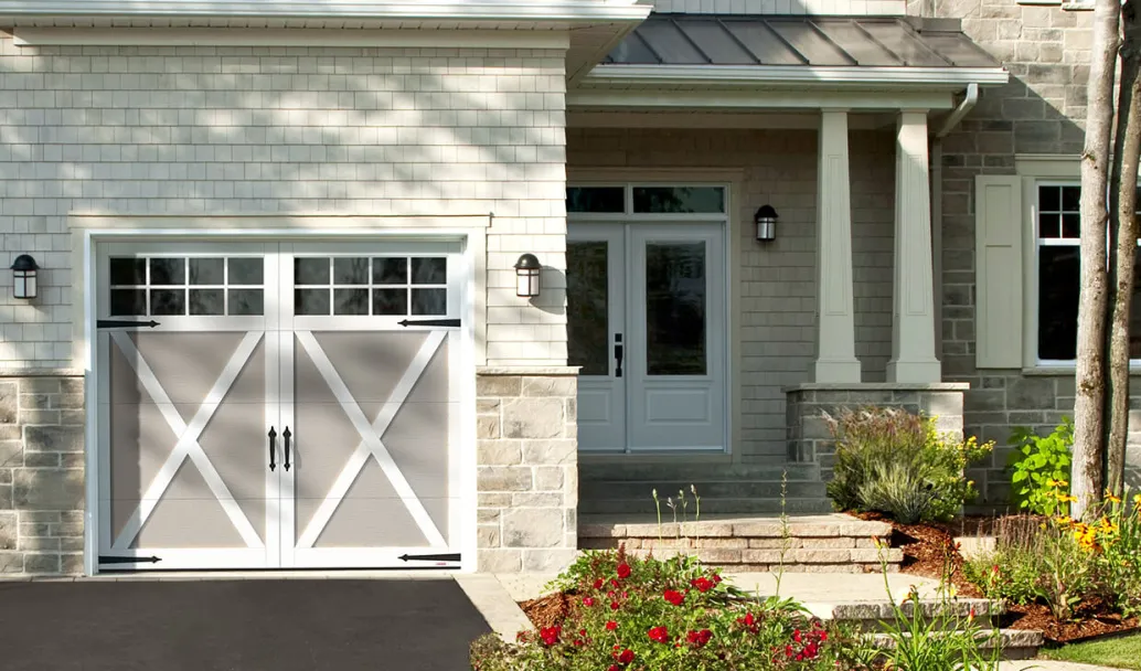 Eastman E-21, 8' x 7', Claystone door and Ice White overlays, Panoramic 8 lite windows