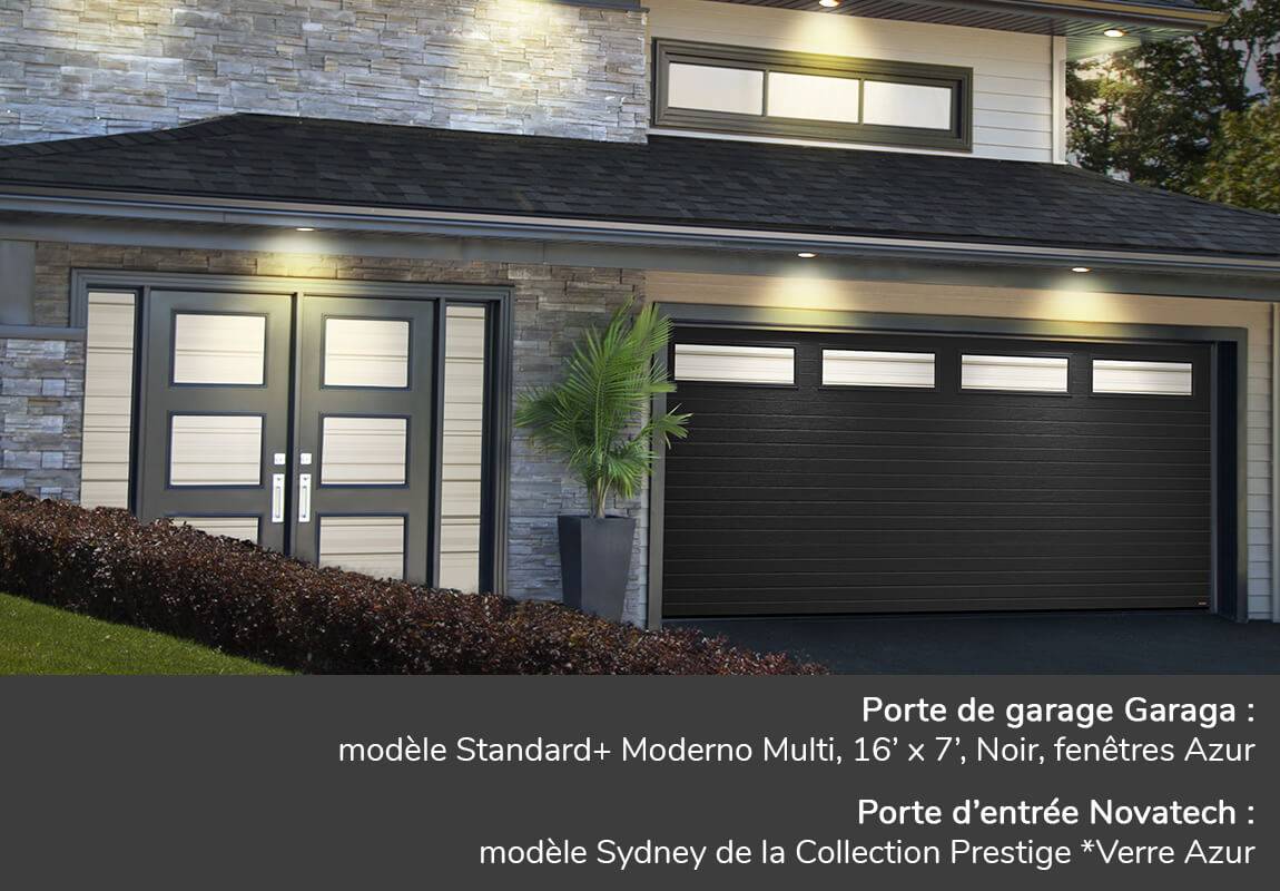 Porte de garage Garaga : modèle Standard+ Moderno Multi, 16’ x 7’, Noir, fenêtres Azur | Porte d’entrée Novatech : modèle Sydney de la Collection Prestige *Verre Azur