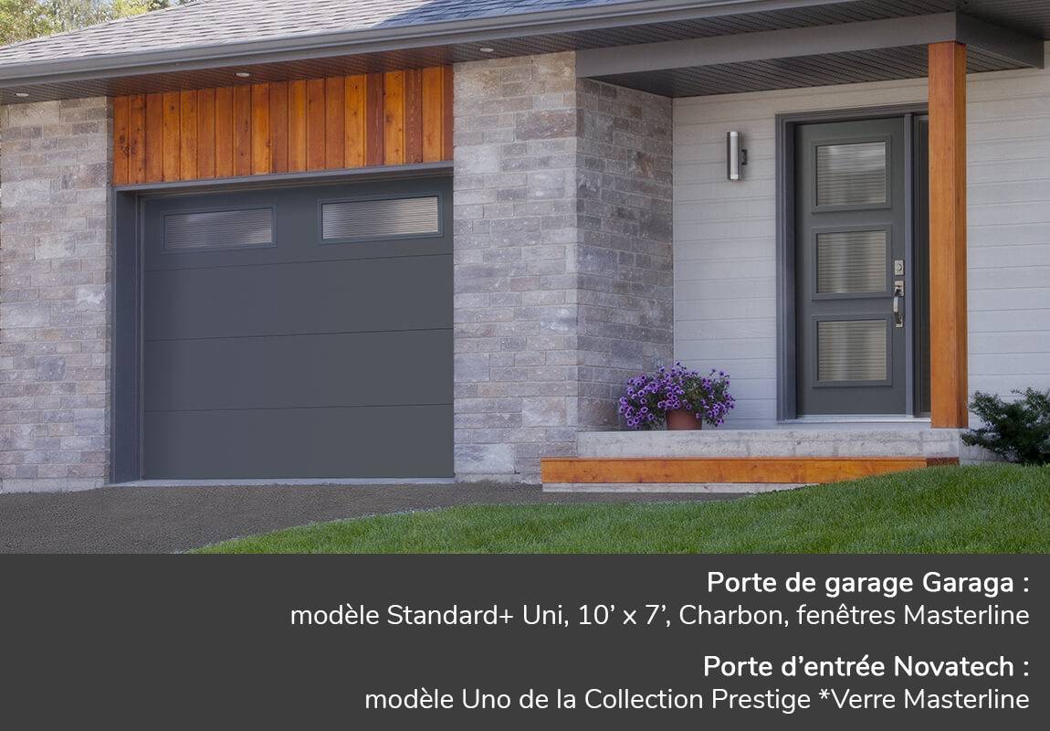 Porte de garage Garaga: Standard+ Uni, 10' x 7', Charbon, fenêtres Masterline - Porte d'entrée Novatech: modèle Uno de la Collection Prestige *Verre Masterline