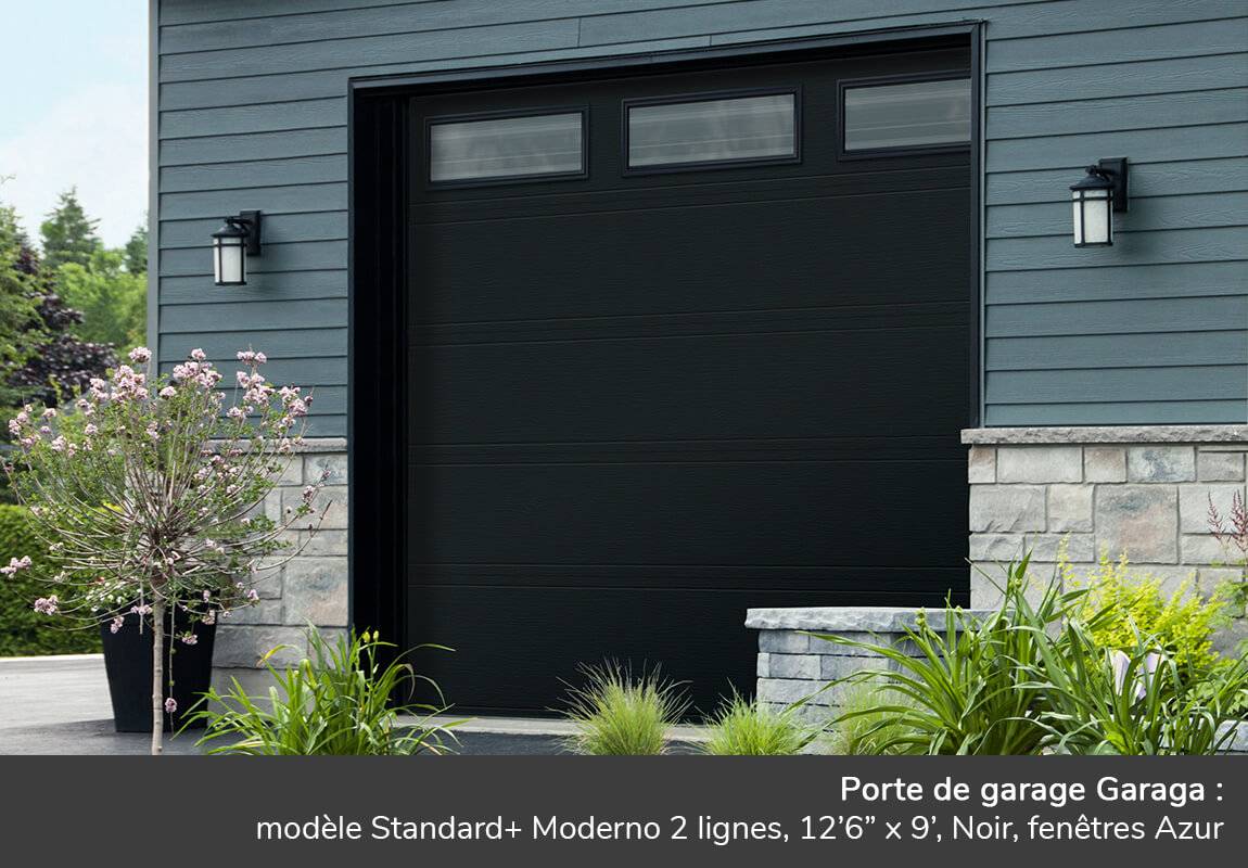 Porte de garage Garaga: Modèle Standard+ Moderno 2 lignes, 12'6" x 9', Noir, fenêtres Azur